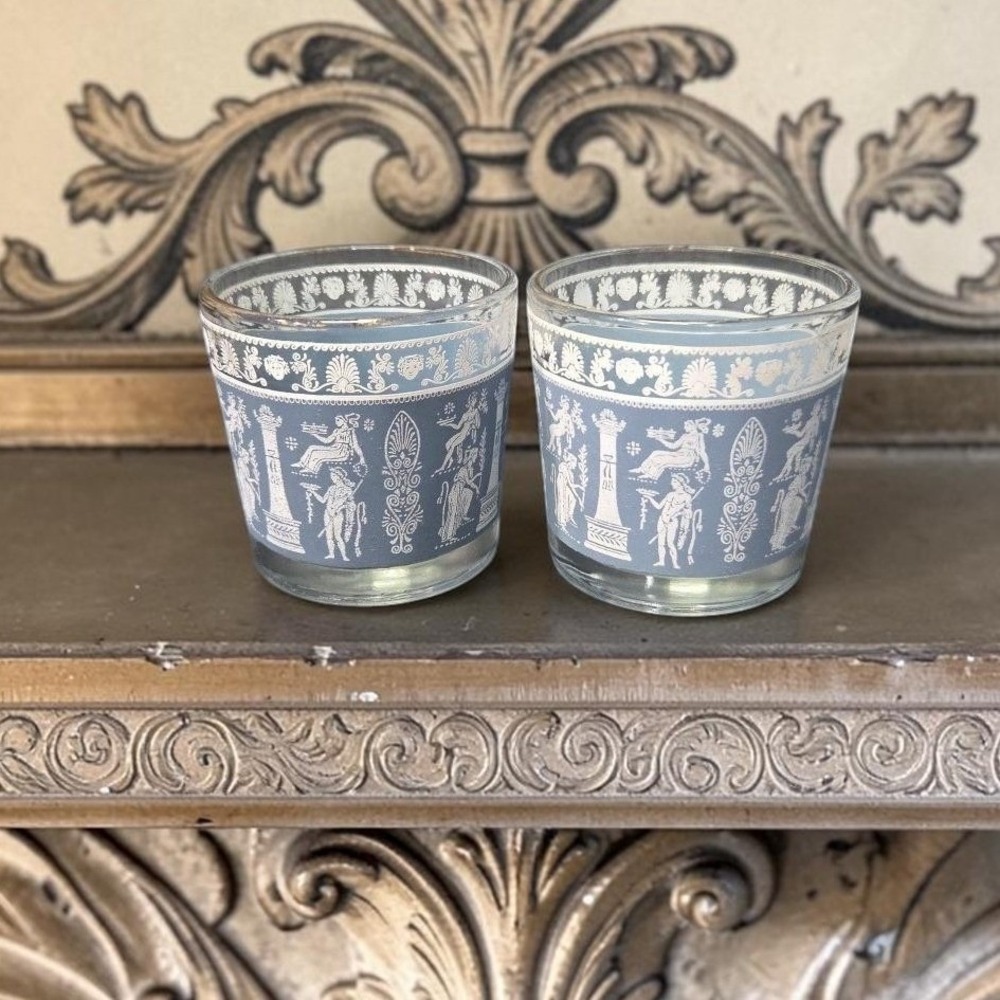 Jeanette‎ Glass Corinthian Blue Tumblers, Set of 2, Vintage 8oz Whiskey Glasses